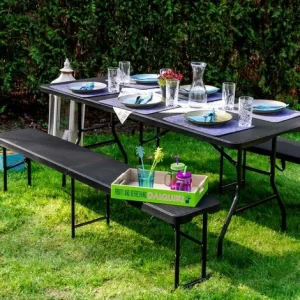 AMANKA Bierzeltgarnitur Für 8 Personen 180cm Esstisch Mit 2 Bänken Rattan Look Klappbar 9